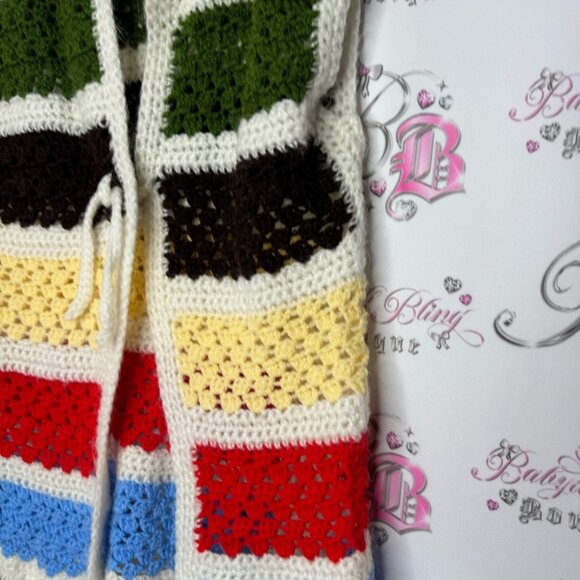 Vest cardigan knit handmade striped crochet ribbon π bow tie up warm cozy cute - Picture 4 of 14